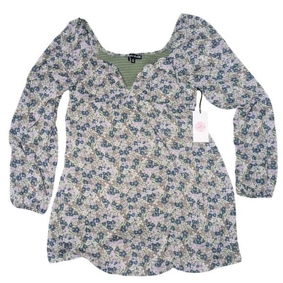 NWT Crystal Doll Floral Boho Cottage V-Neck Baby Doll Mini‎ Dress Women's XL - Picture 1 of 7